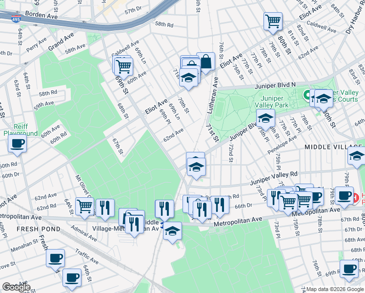 map of restaurants, bars, coffee shops, grocery stores, and more near 62-35 69th Place in Queens