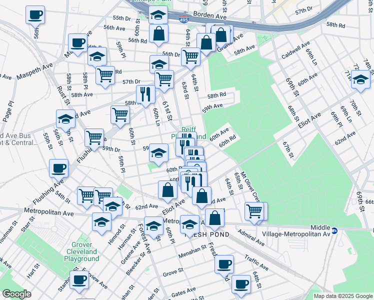 map of restaurants, bars, coffee shops, grocery stores, and more near 59-79 Fresh Pond Road in Queens