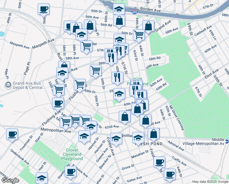 map of restaurants, bars, coffee shops, grocery stores, and more near 60-38 59th Drive in Queens