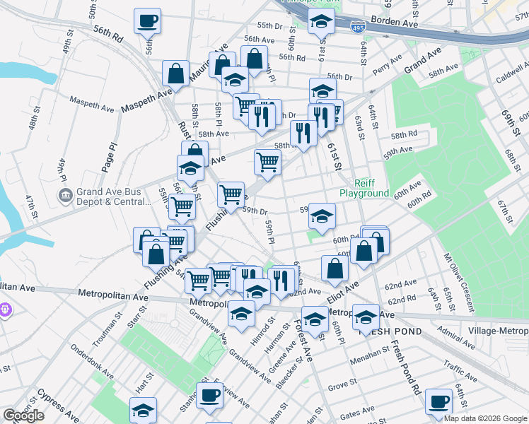 map of restaurants, bars, coffee shops, grocery stores, and more near 59-5 59th Drive in Queens