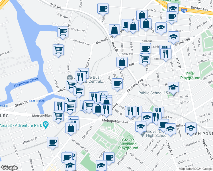 map of restaurants, bars, coffee shops, grocery stores, and more near 58-96 55th Street in Queens