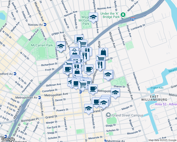 map of restaurants, bars, coffee shops, grocery stores, and more near 222 Withers Street in Brooklyn
