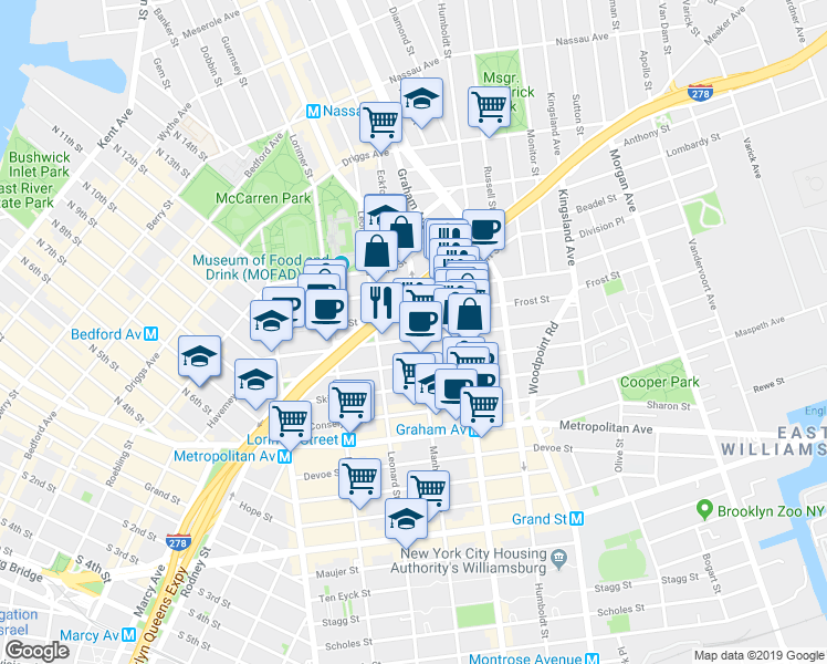 map of restaurants, bars, coffee shops, grocery stores, and more near 104 Frost Street in Brooklyn