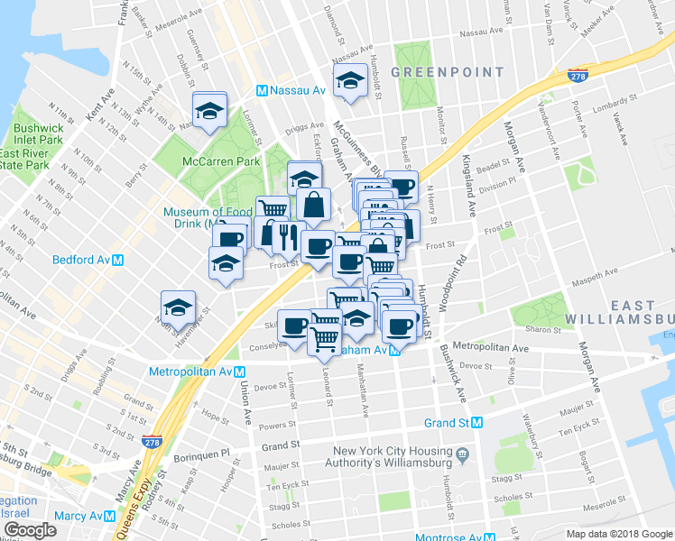 map of restaurants, bars, coffee shops, grocery stores, and more near 104 Frost Street in Brooklyn