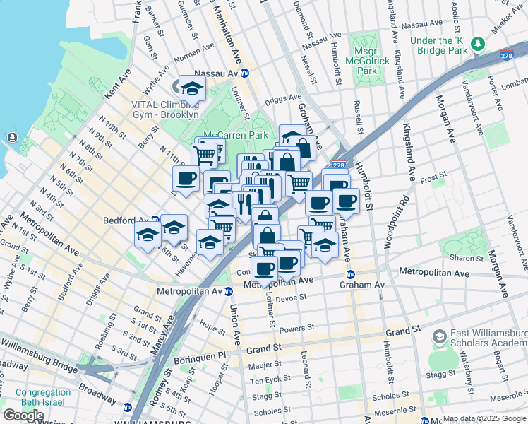 map of restaurants, bars, coffee shops, grocery stores, and more near in Brooklyn