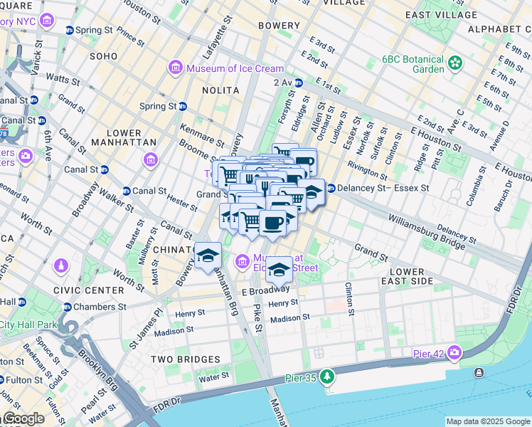 map of restaurants, bars, coffee shops, grocery stores, and more near 111 Eldridge Street in New York
