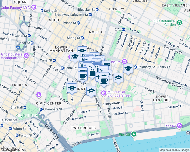 map of restaurants, bars, coffee shops, grocery stores, and more near 237 Grand Street in New York