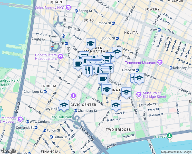map of restaurants, bars, coffee shops, grocery stores, and more near 153d Centre Street in New York