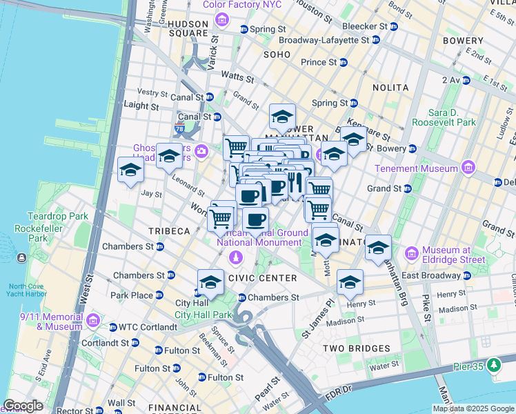 map of restaurants, bars, coffee shops, grocery stores, and more near 381 Broadway in New York