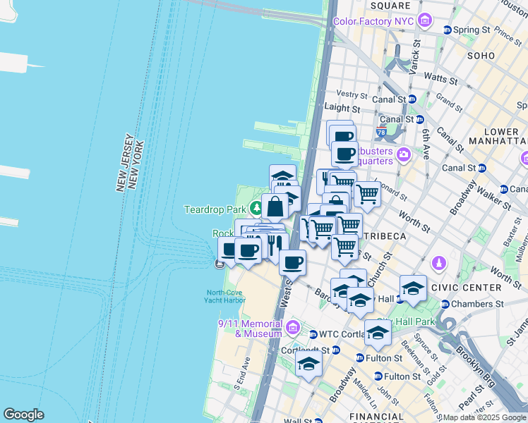 map of restaurants, bars, coffee shops, grocery stores, and more near 455 North End Avenue in New York