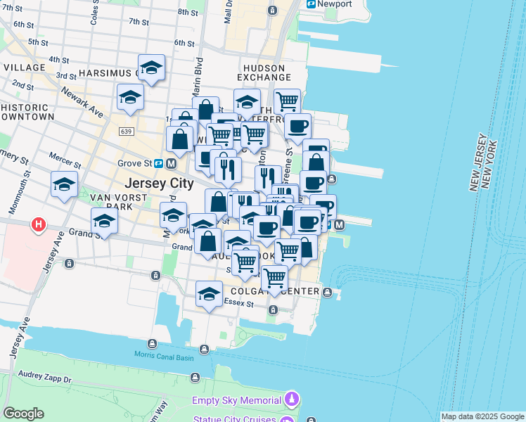 map of restaurants, bars, coffee shops, grocery stores, and more near in Jersey City