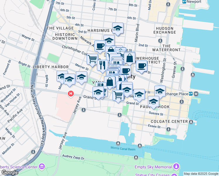 map of restaurants, bars, coffee shops, grocery stores, and more near 215 Montgomery Street in Jersey City