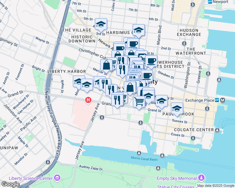 map of restaurants, bars, coffee shops, grocery stores, and more near 258 Barrow Street in Jersey City