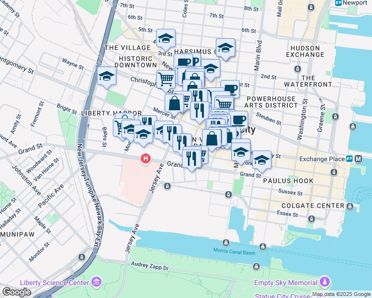 map of restaurants, bars, coffee shops, grocery stores, and more near 293 York Street in Jersey City