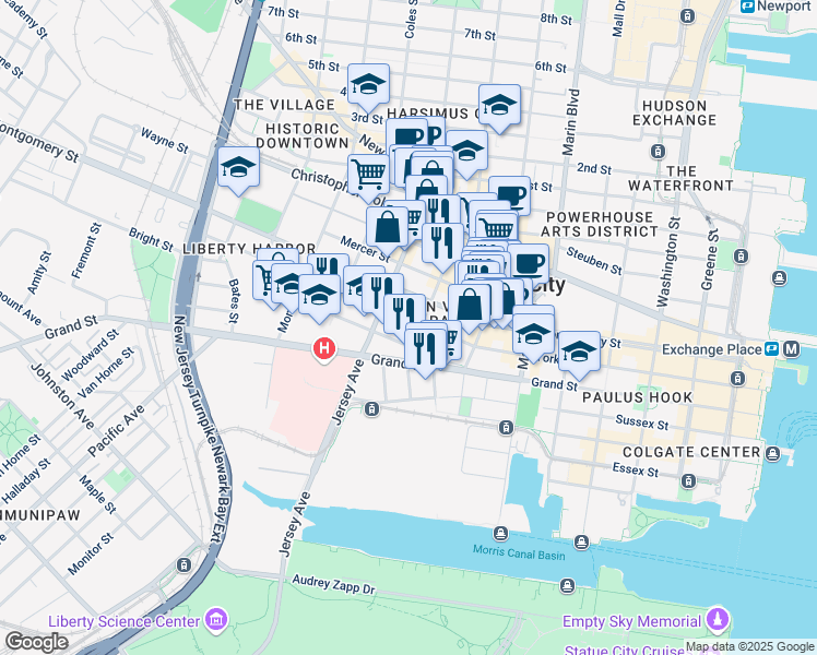 map of restaurants, bars, coffee shops, grocery stores, and more near 293 York Street in Jersey City