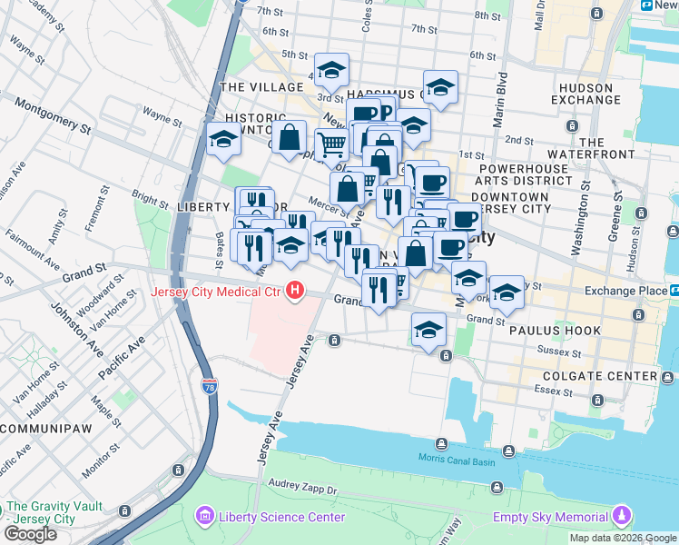 map of restaurants, bars, coffee shops, grocery stores, and more near 441 Jersey Avenue in Jersey City