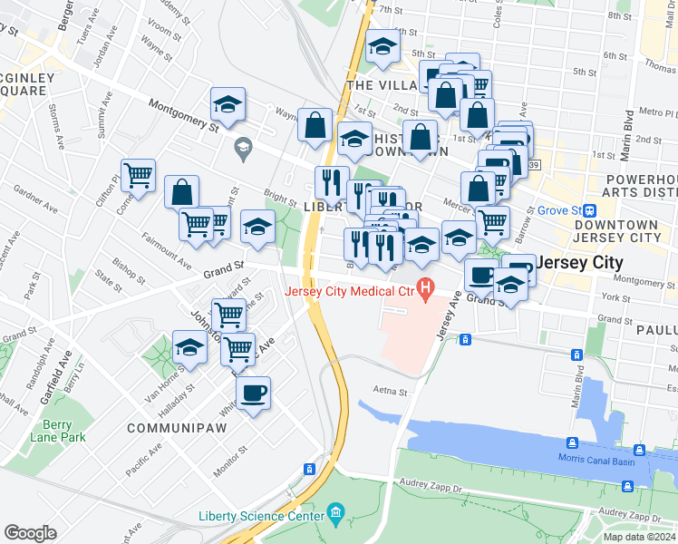 map of restaurants, bars, coffee shops, grocery stores, and more near 464 Grand Street in Jersey City
