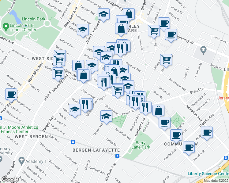 map of restaurants, bars, coffee shops, grocery stores, and more near 54 Harrison Avenue in Jersey City
