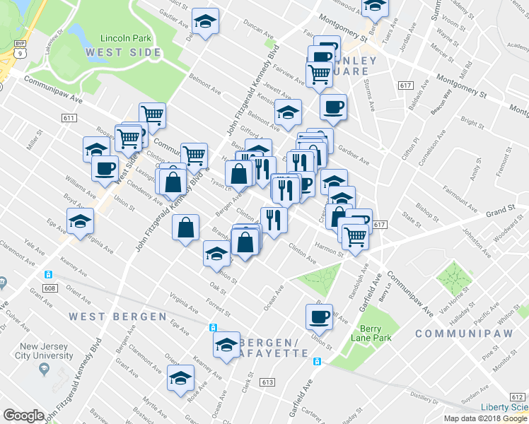 map of restaurants, bars, coffee shops, grocery stores, and more near 647 Communipaw Avenue in Jersey City