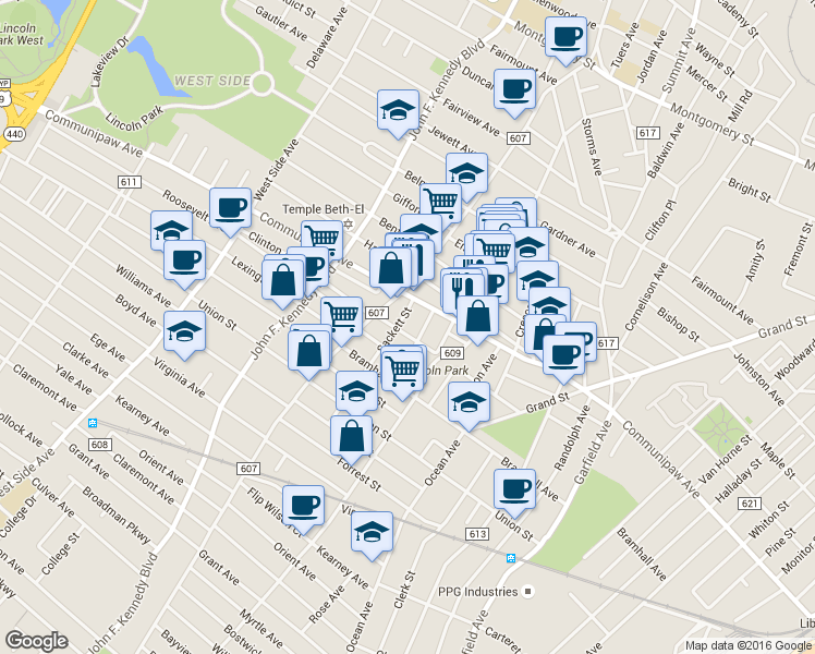 map of restaurants, bars, coffee shops, grocery stores, and more near 647 Communipaw Avenue in Jersey City