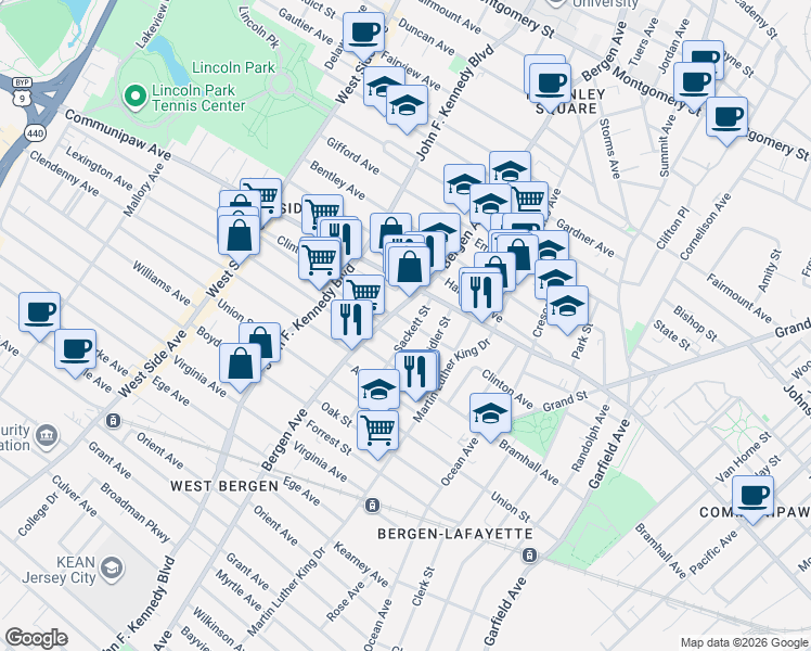 map of restaurants, bars, coffee shops, grocery stores, and more near 113 Clinton Avenue in Jersey City