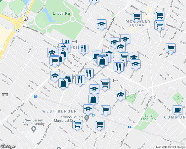 map of restaurants, bars, coffee shops, grocery stores, and more near 467 Bergen Avenue in Jersey City