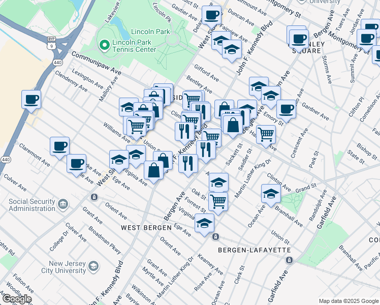 map of restaurants, bars, coffee shops, grocery stores, and more near 33 Lexington Avenue in Jersey City