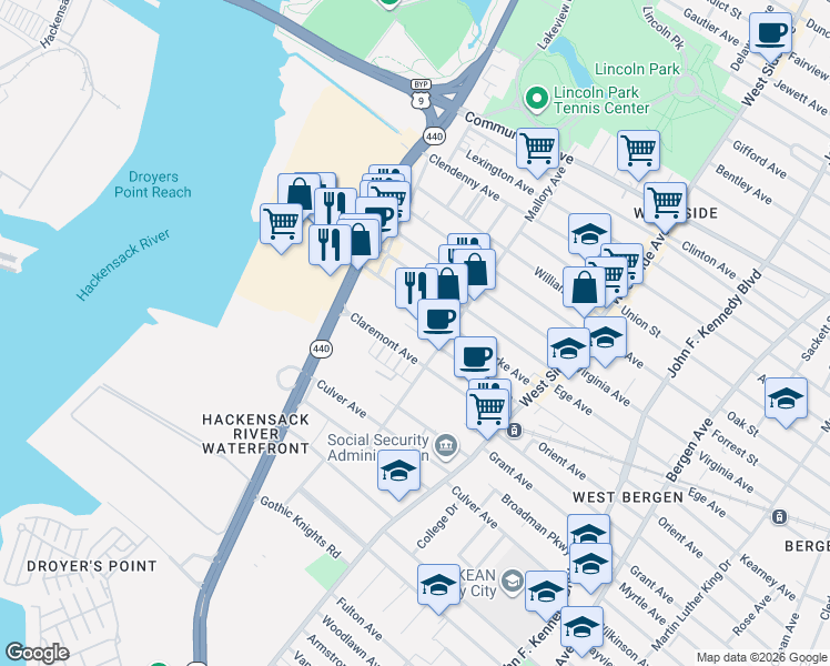 map of restaurants, bars, coffee shops, grocery stores, and more near 96 Yale Avenue in Jersey City