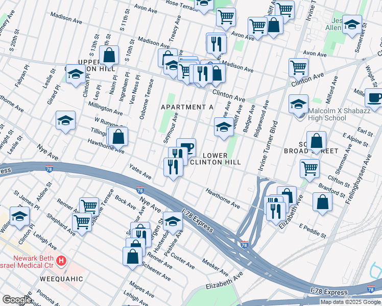 map of restaurants, bars, coffee shops, grocery stores, and more near in Newark