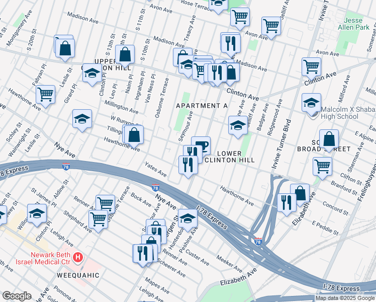 map of restaurants, bars, coffee shops, grocery stores, and more near 186 West Runyon Street in Newark