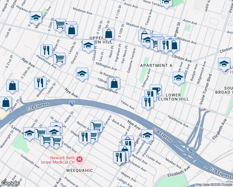map of restaurants, bars, coffee shops, grocery stores, and more near 344 Hawthorne Avenue in Newark