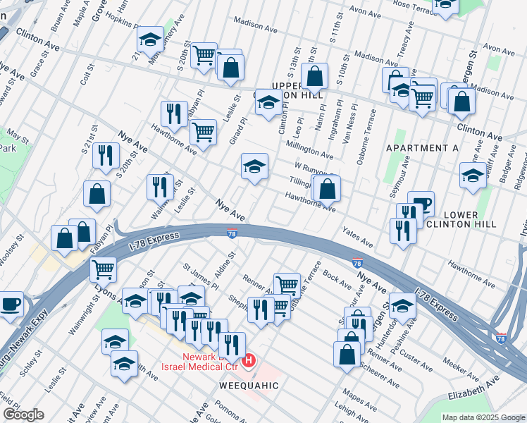 map of restaurants, bars, coffee shops, grocery stores, and more near 24 Patten Place in Newark