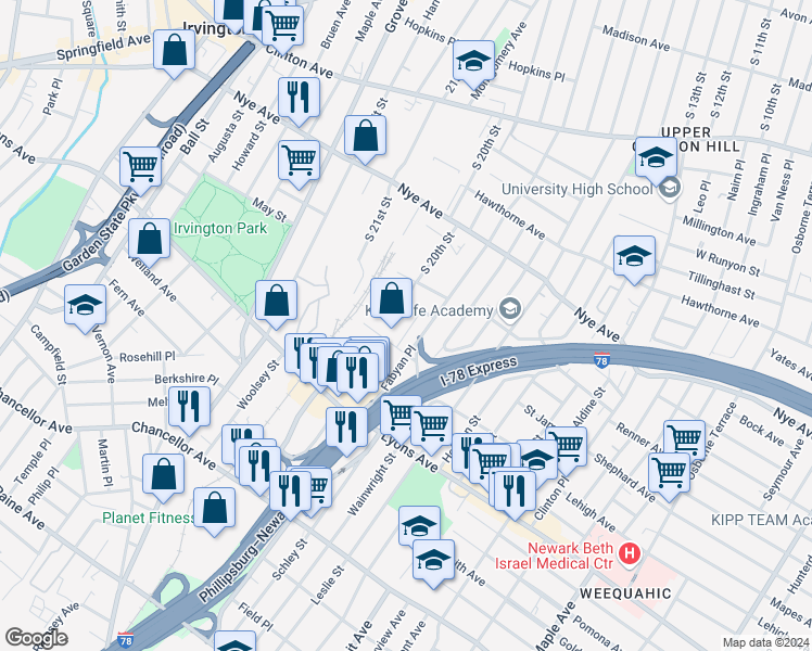 map of restaurants, bars, coffee shops, grocery stores, and more near 15 Lisa Court in Newark
