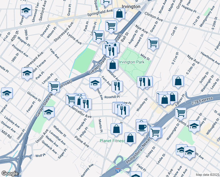 map of restaurants, bars, coffee shops, grocery stores, and more near 61 Chester Avenue in Irvington