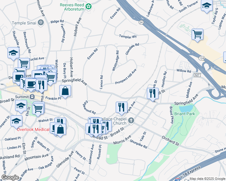 map of restaurants, bars, coffee shops, grocery stores, and more near 181 Springfield Avenue in Summit