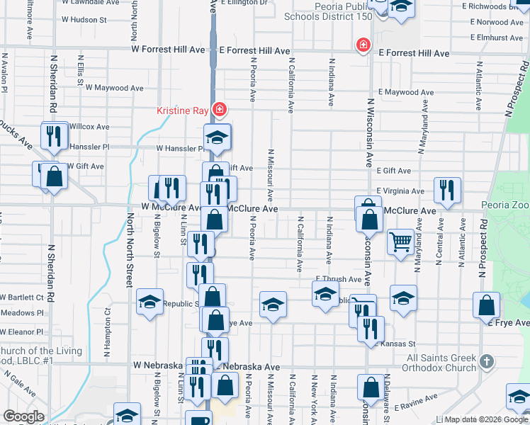 map of restaurants, bars, coffee shops, grocery stores, and more near 308 East McClure Avenue in Peoria