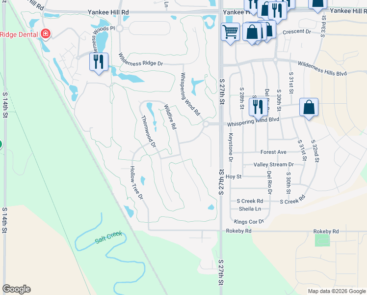 map of restaurants, bars, coffee shops, grocery stores, and more near 9350 Whispering Wind Road in Lincoln