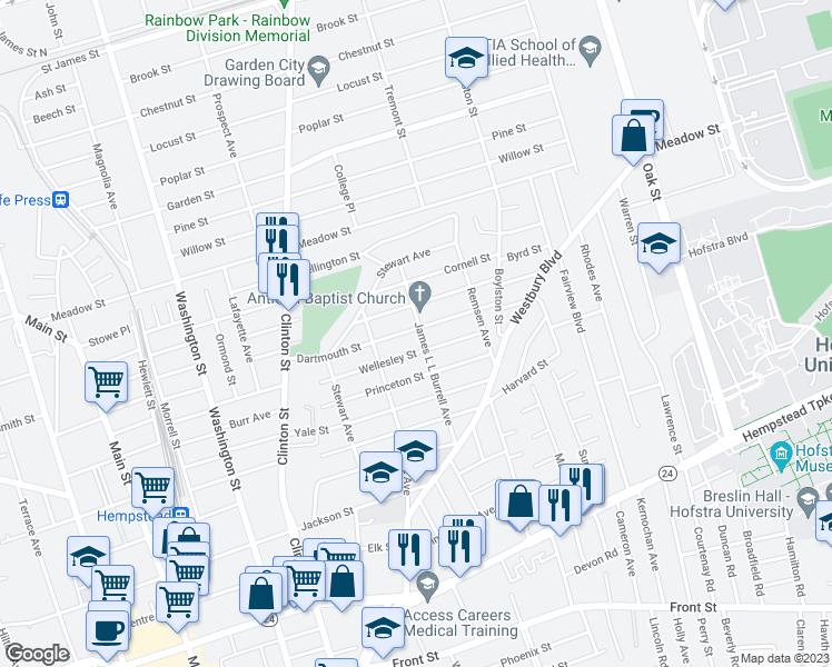 map of restaurants, bars, coffee shops, grocery stores, and more near 83 James L L Burrell Avenue in Hempstead