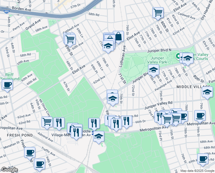 map of restaurants, bars, coffee shops, grocery stores, and more near 62-35 69th Place in Queens