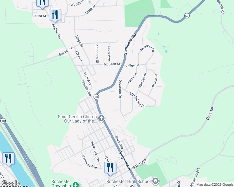 map of restaurants, bars, coffee shops, grocery stores, and more near 607 Davidson Dr in Rochester