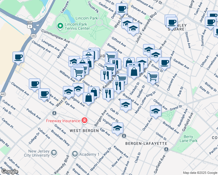 map of restaurants, bars, coffee shops, grocery stores, and more near 33 Lexington Avenue in Jersey City