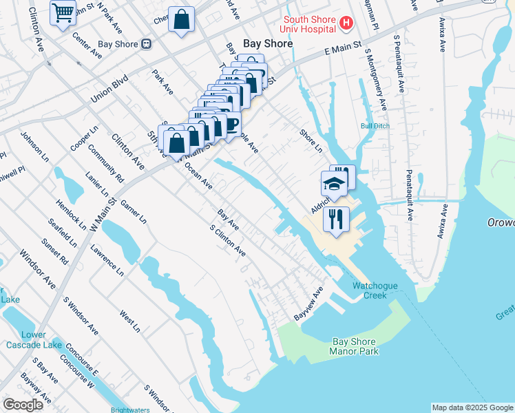map of restaurants, bars, coffee shops, grocery stores, and more near 53 Ocean Avenue in Bay Shore