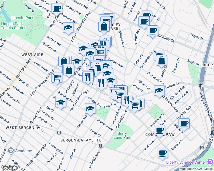 map of restaurants, bars, coffee shops, grocery stores, and more near 60 Crescent Avenue in Jersey City