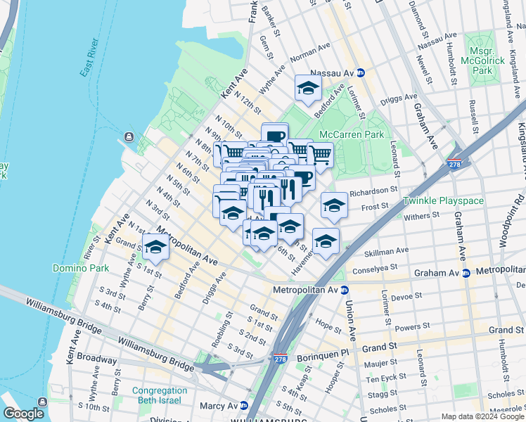 map of restaurants, bars, coffee shops, grocery stores, and more near 534 Driggs Avenue in Brooklyn