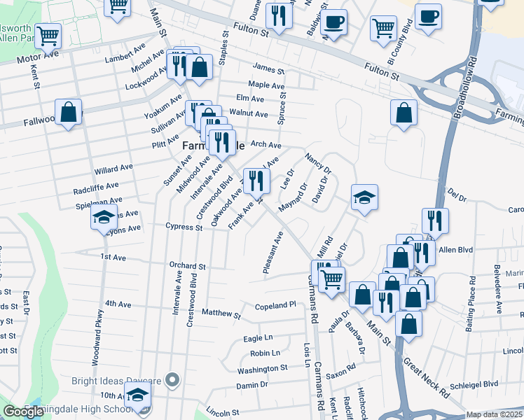 map of restaurants, bars, coffee shops, grocery stores, and more near 3 Junard Drive in Farmingdale