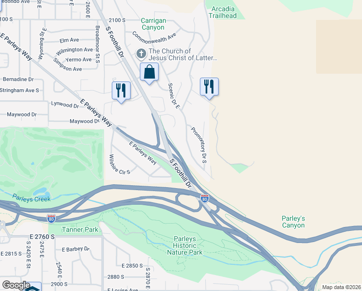 map of restaurants, bars, coffee shops, grocery stores, and more near 2428 Scenic Drive in Salt Lake City