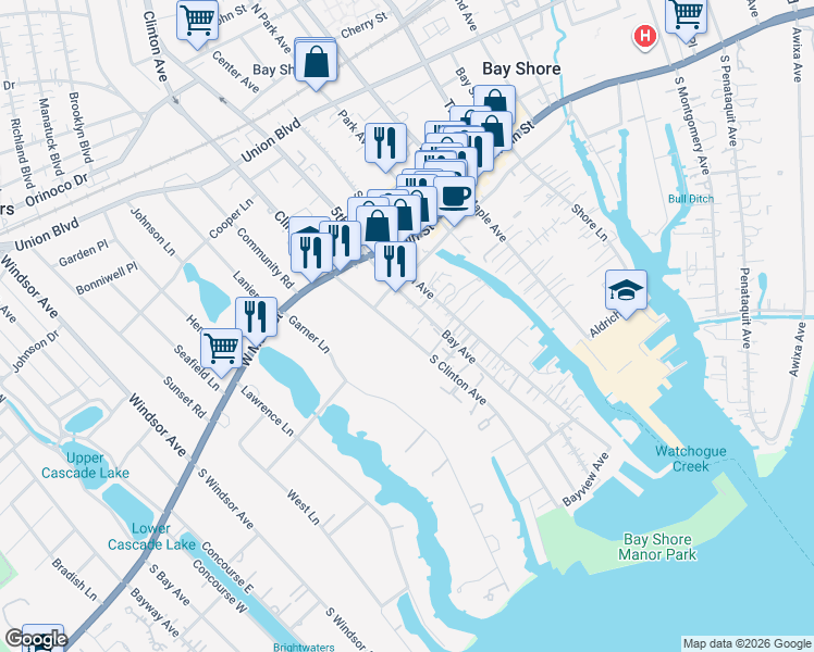 map of restaurants, bars, coffee shops, grocery stores, and more near 39 South Clinton Avenue in Bay Shore