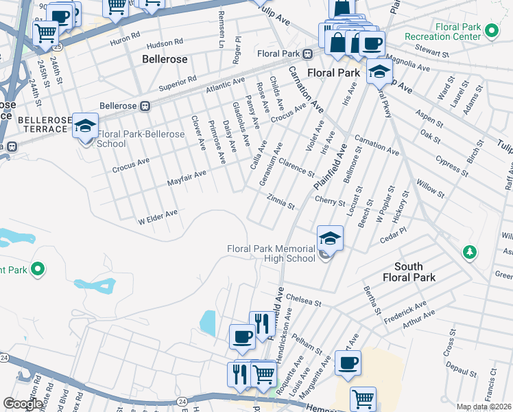 map of restaurants, bars, coffee shops, grocery stores, and more near 139 Geranium Avenue in Floral Park