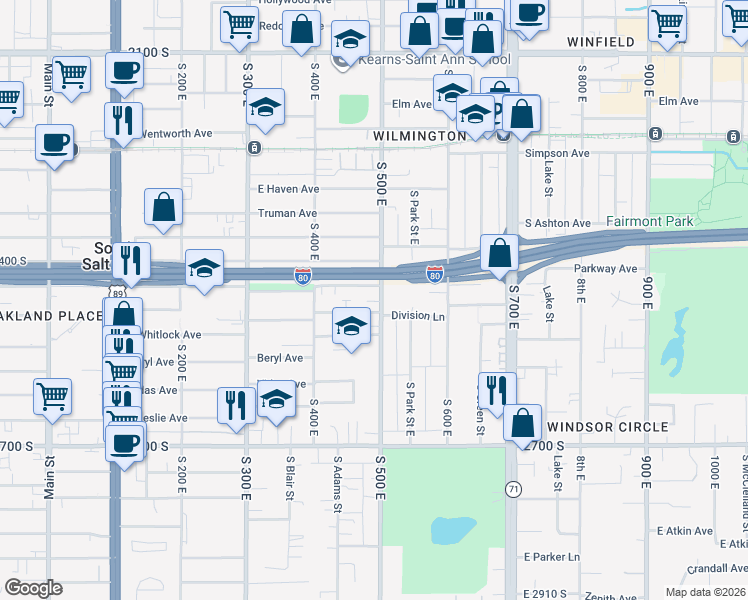 map of restaurants, bars, coffee shops, grocery stores, and more near 2458 South 500 East in Salt Lake City