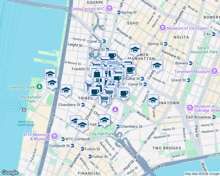 map of restaurants, bars, coffee shops, grocery stores, and more near Leonard Street in New York